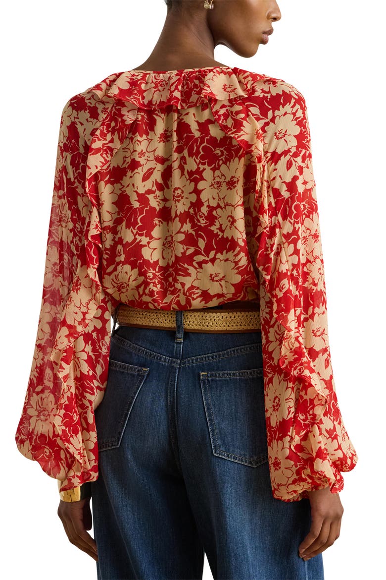 Floral Ruffle Detail Crinkle Top, Alternate, color, RED/ TAN