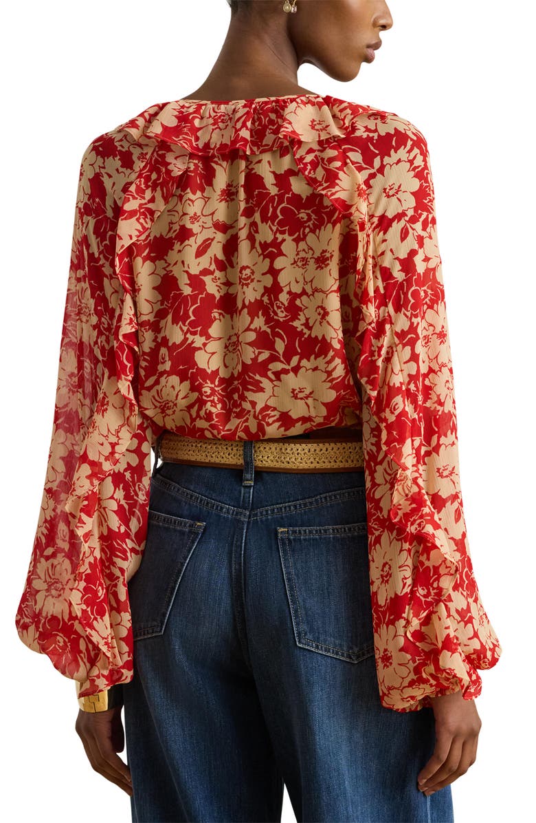 Lauren Ralph Lauren Floral Ruffle Detail Crinkle Top, Alternate, color, Red/ Tan