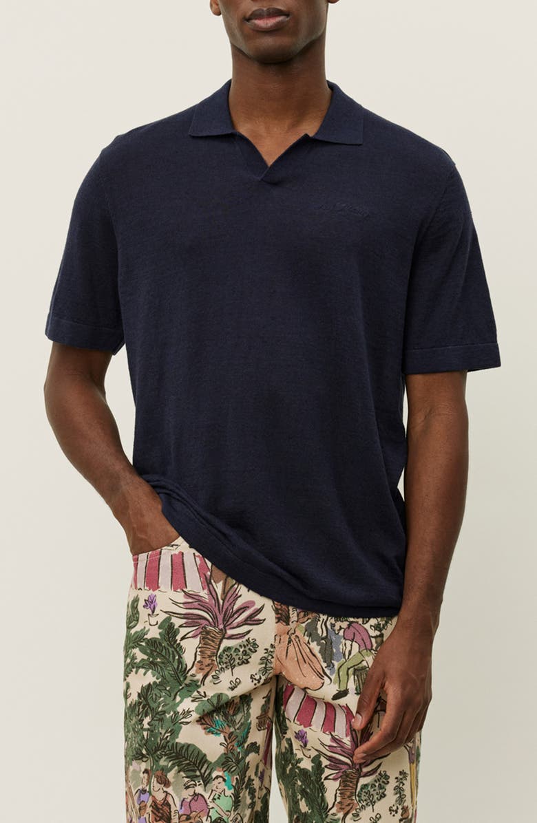 Les Deux Emmanuel Linen & Cotton Johnny Collar Polo, Main, color, Dark Navy