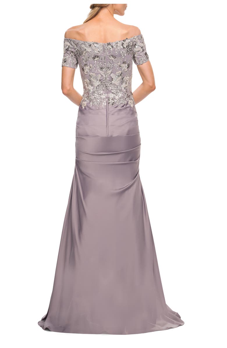 La Femme Off the Shoulder Satin and Lace Beaded Mermaid Gown, Alternate, color, Silver