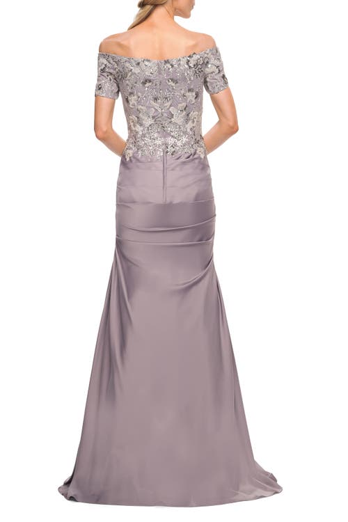 La Femme Off The Shoulder Satin And Lace Beaded Mermaid Gown In Silver