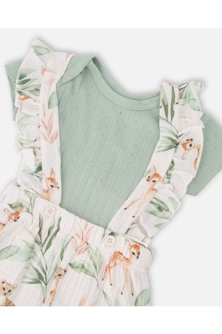 Pointelle Bodysuit and Cotton Muslin Peach Deer Printed Shortall Set, Alternate, color, Green and Peach Deer Print