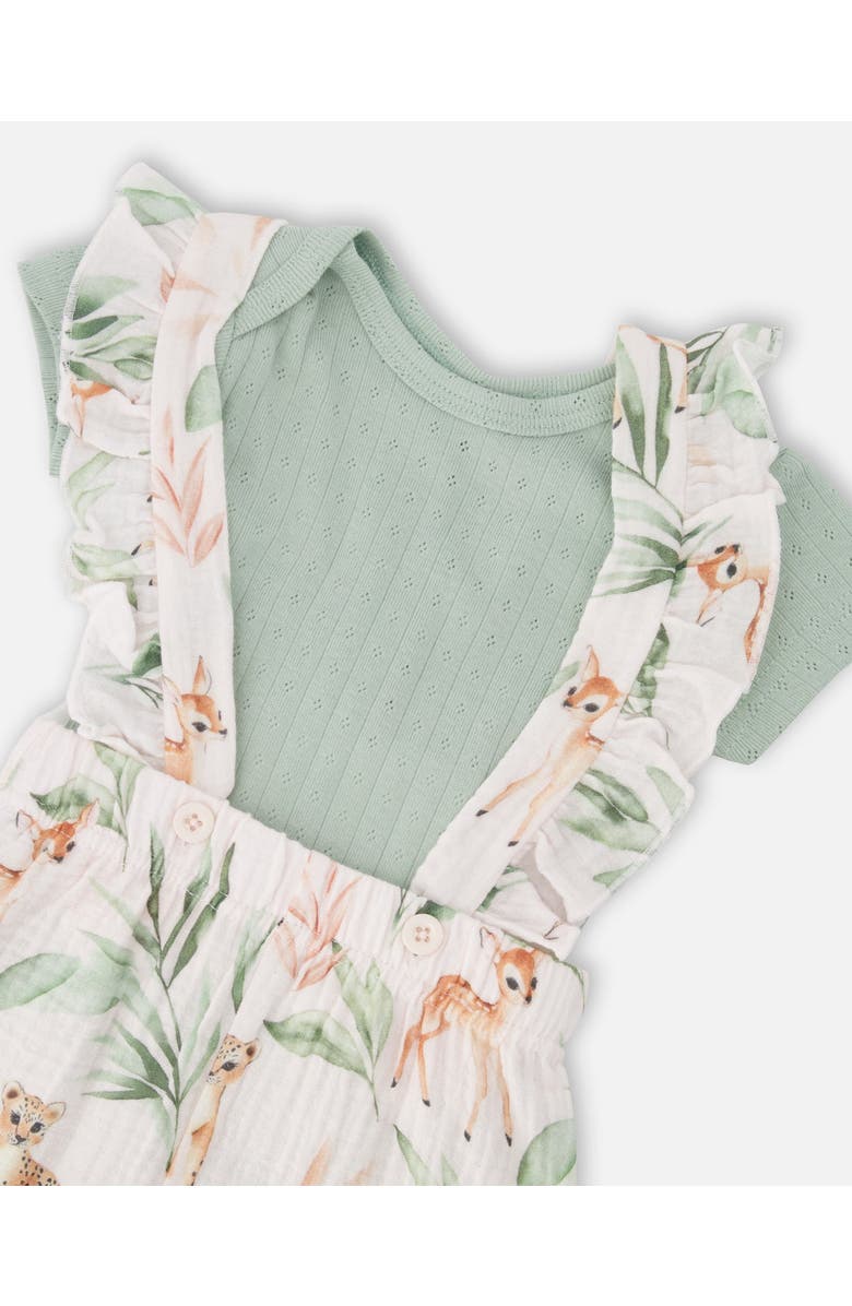 Deux par Deux Pointelle Bodysuit and Cotton Muslin Peach Deer Printed Shortall Set, Alternate, color, Green And Peach Deer Print