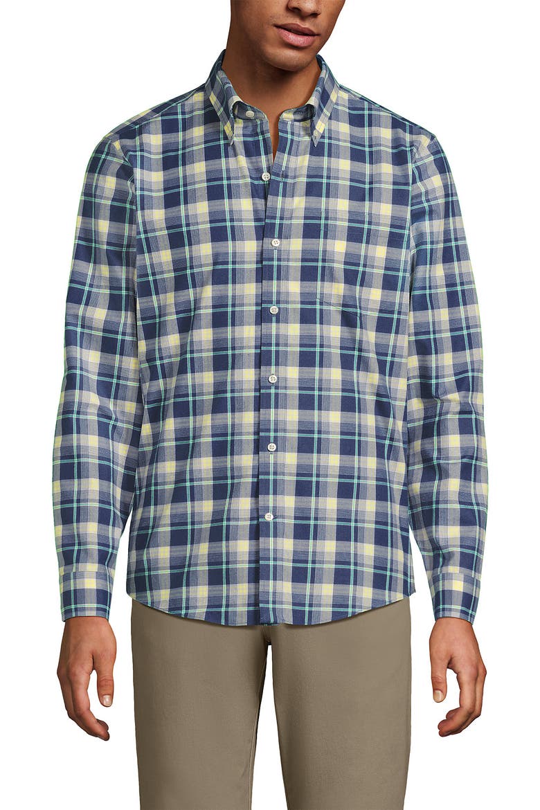 Traditional Fit No Iron Twill Shirt, Alternate, color, Light Indigo Blue/Yellow Plaid