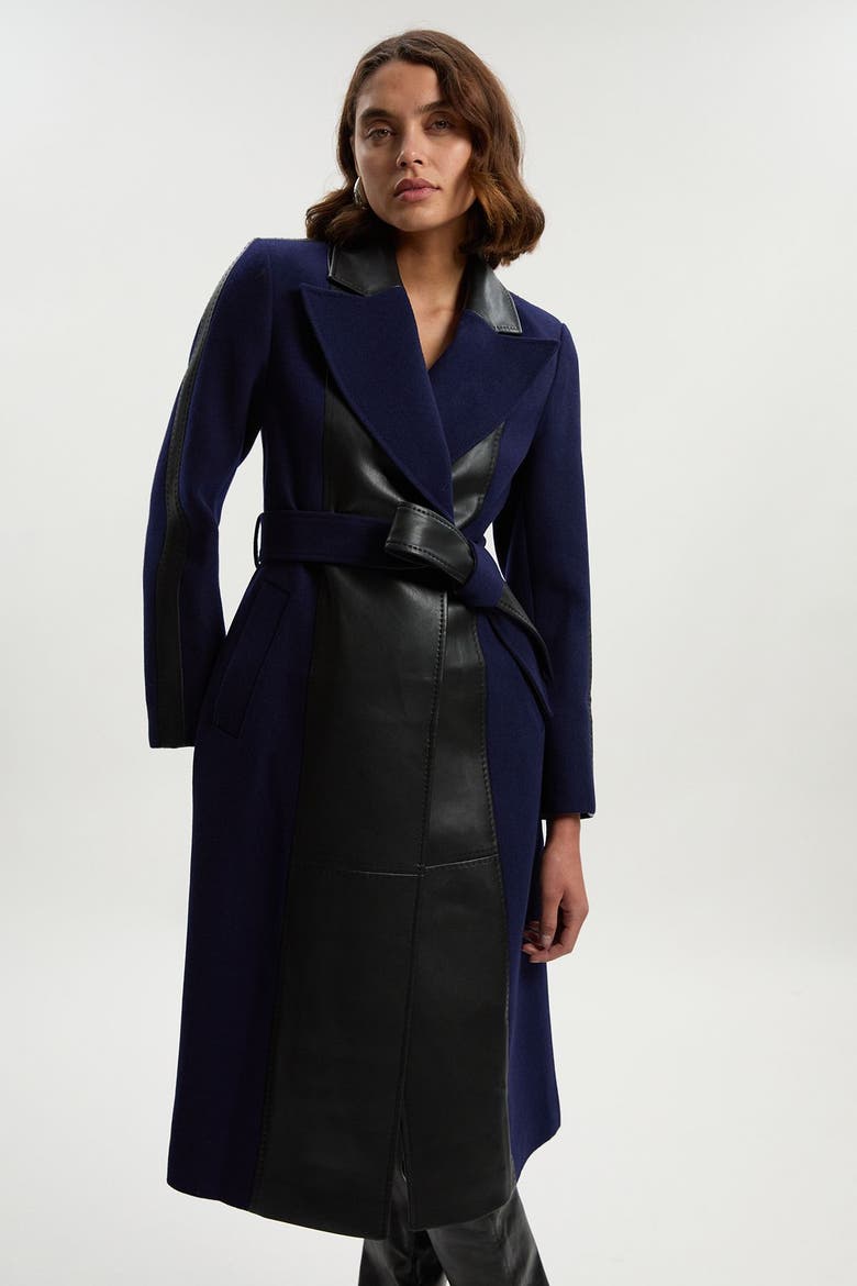 Wool Pu Mix Belted Midi Coat, Main, color, Navy