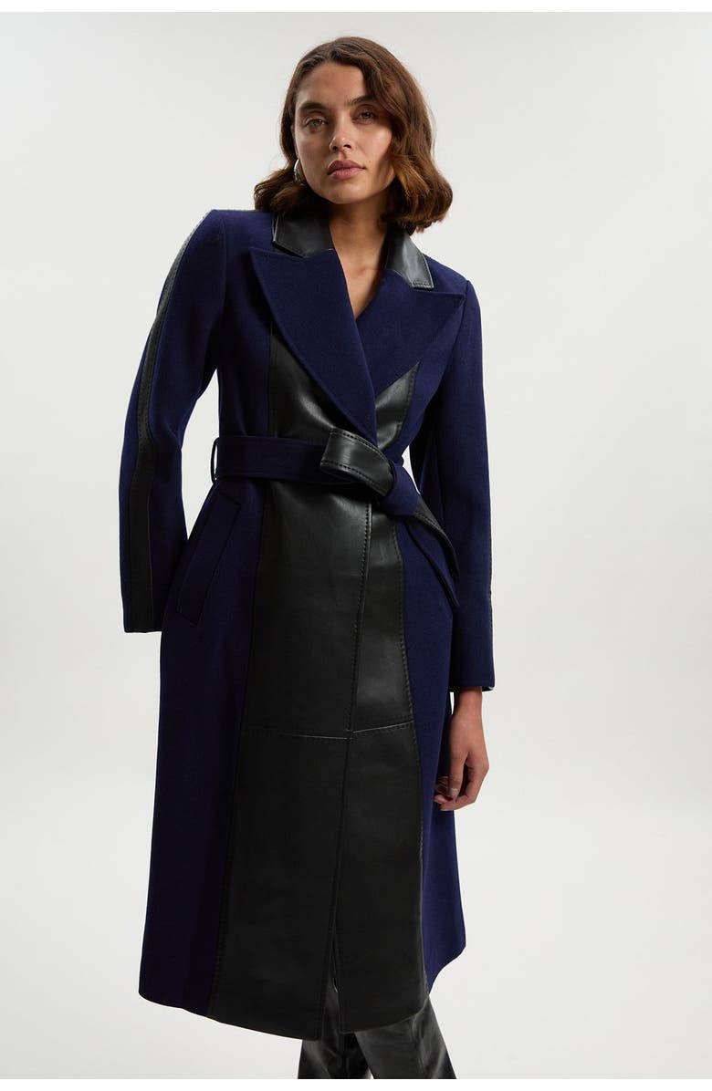 Karen Millen Wool Pu Mix Belted Midi Coat, Main, color, Navy