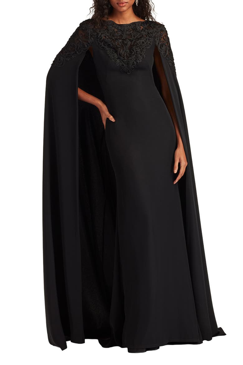 Lace & Crepe Cape Gown, Main, color, BLACK
