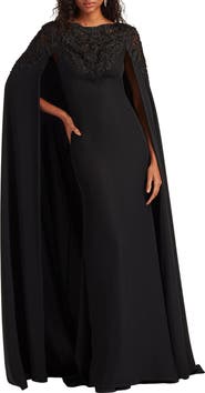 Tadashi Shoji Lace & Crepe Cape Gown