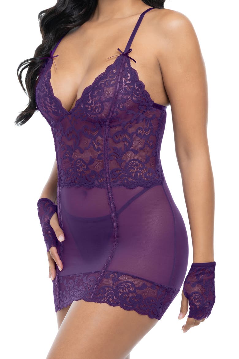 Antoinette Floral Lace & Mesh Teddy, G-String & Gloves Set, Alternate, color, IMPERIAL PURPLE