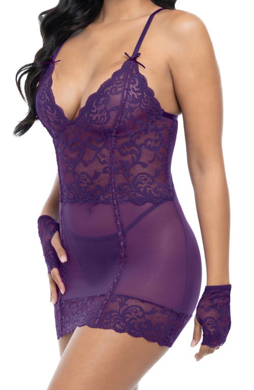 Oh La La Cheri Antoinette Floral Lace & Mesh Teddy, G-string & Gloves Set In Imperial Purple