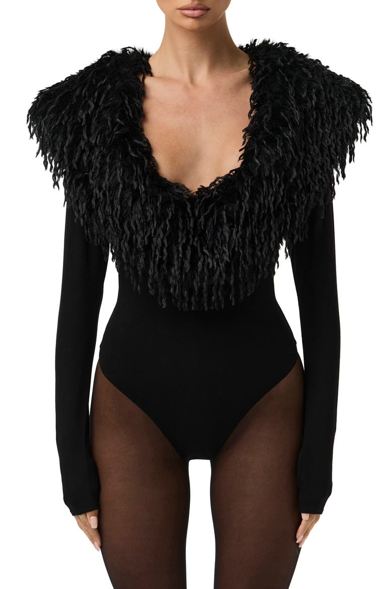 Butter Long Sleeve Bodysuit with Feather Collar, Main, color, BLACK