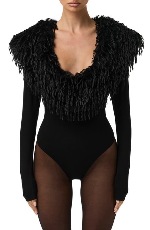 Butter Long Sleeve Bodysuit with Feather Collar