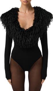 Naked Wardrobe Butter Long Sleeve Bodysuit with Feather Collar