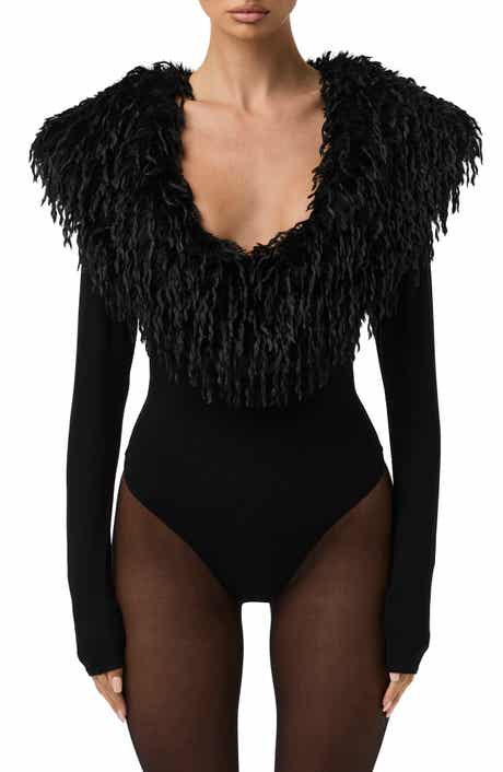 Naked Wardrobe Butter Long Sleeve Bodysuit with Feather Collar