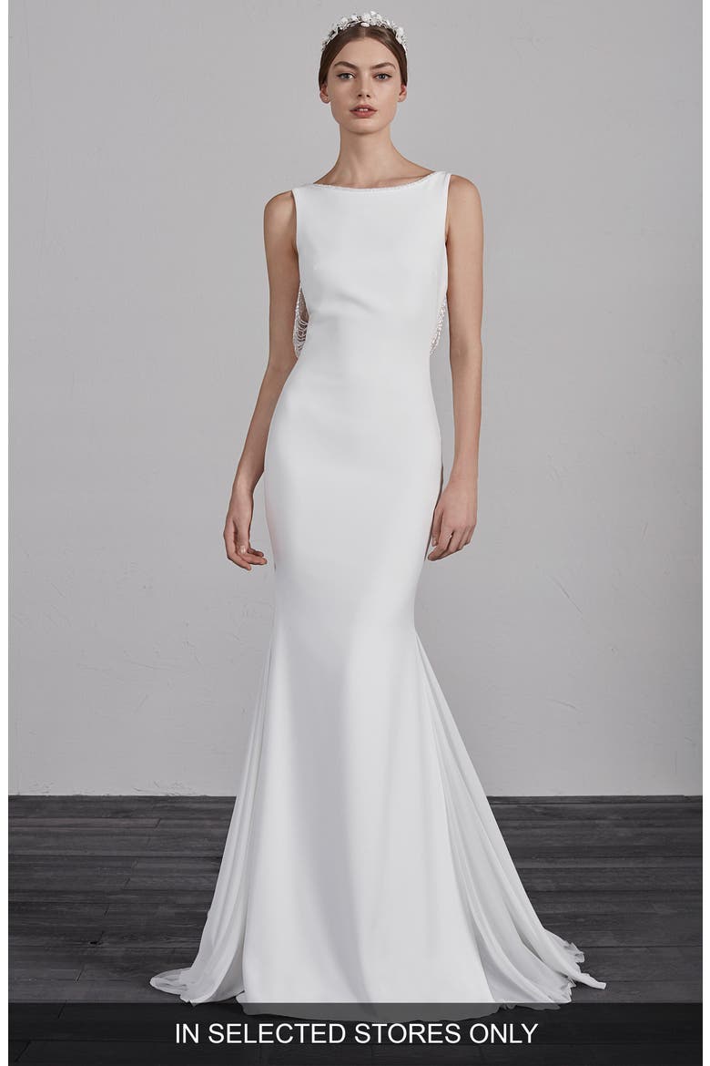 Eol Beaded Trumpet Wedding Dress, Main, color, OFF WH/ CRST