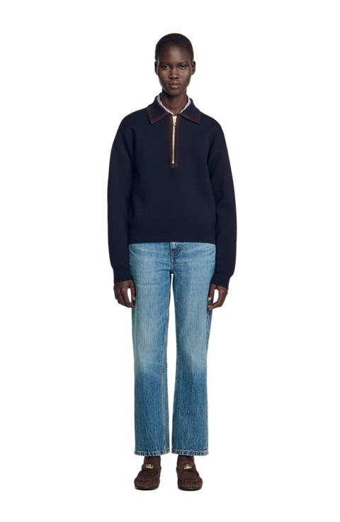Zip Polo Sweater With Suede Collar