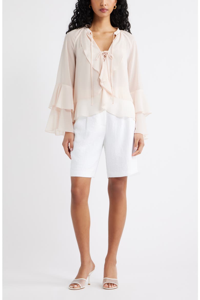 Chiffon Ruffle Trim Top, Alternate, color, PINK PEONY BUD