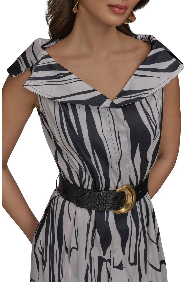 Zebra Print Notched Lapel Belted Midi Dress, Alternate, color, BLACK/ PRISTINE
