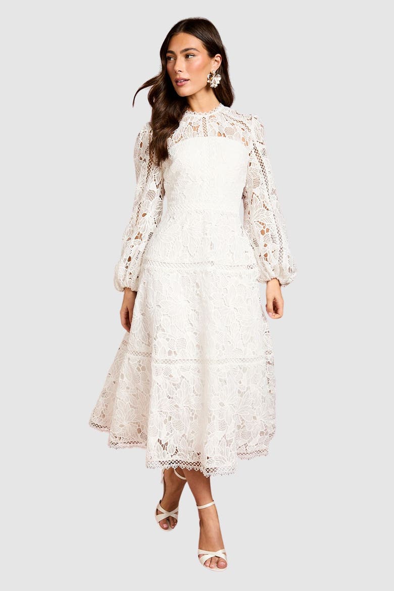 Lace Panel Long Sleeve Midi Dress, Main, color, Ivory
