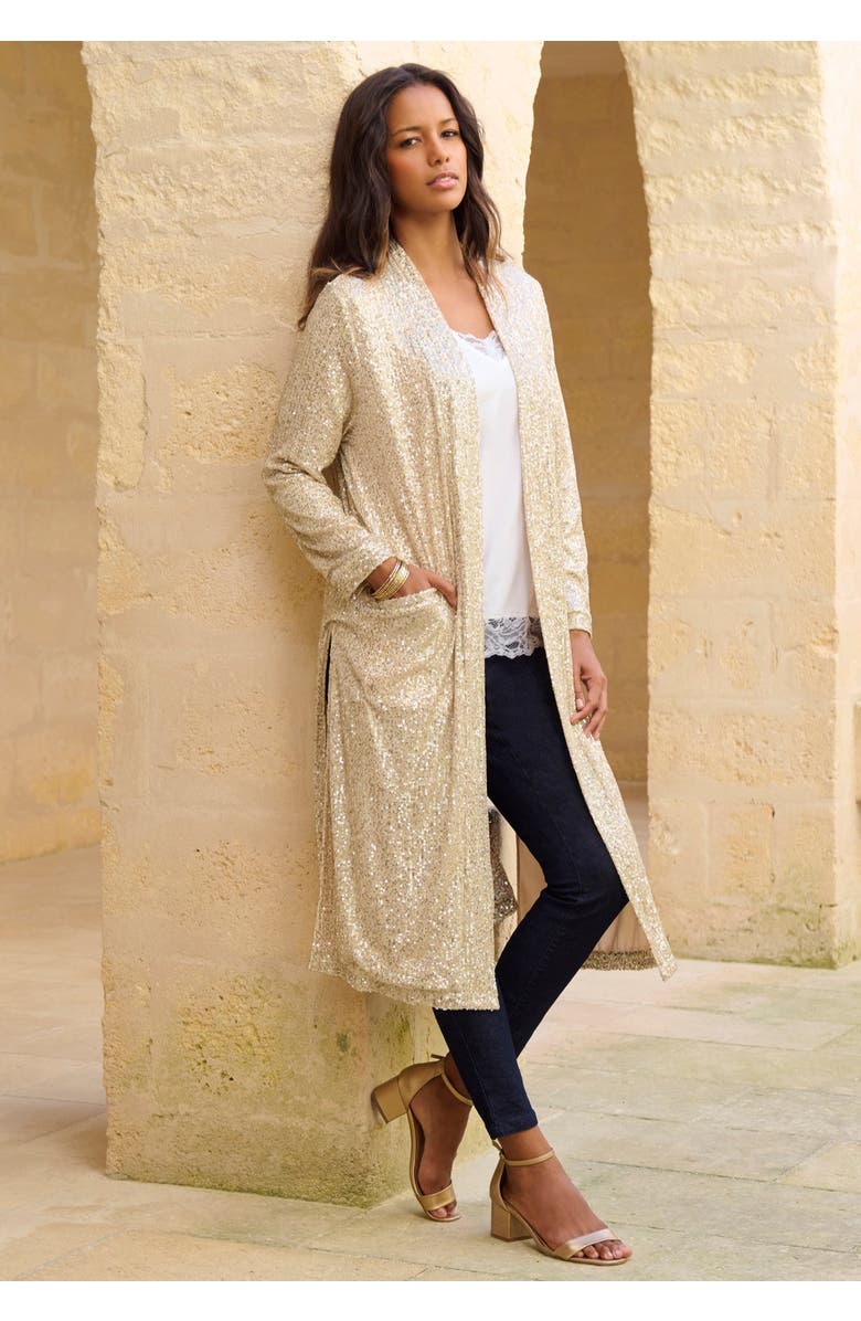 Roaman's Plus Size Sequin Duster, Alternate, color, Black