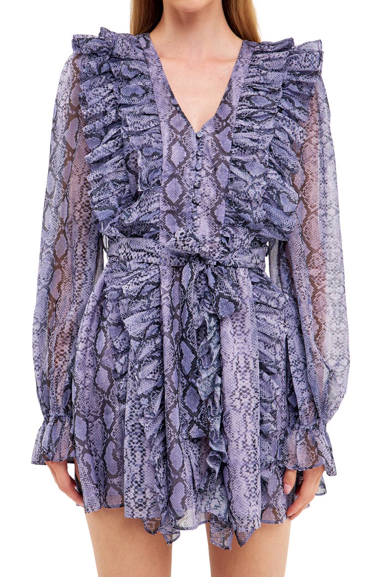 Ruffle Snake Print Long Sleeve Minidress, Alternate, color, PURPLE MULTI