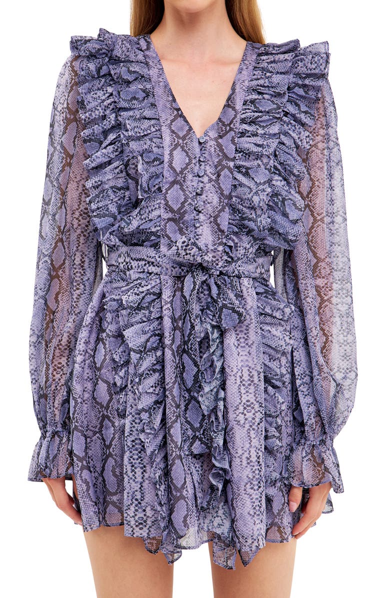 Endless Rose Ruffle Snake Print Long Sleeve Minidress, Alternate, color, Purple Multi