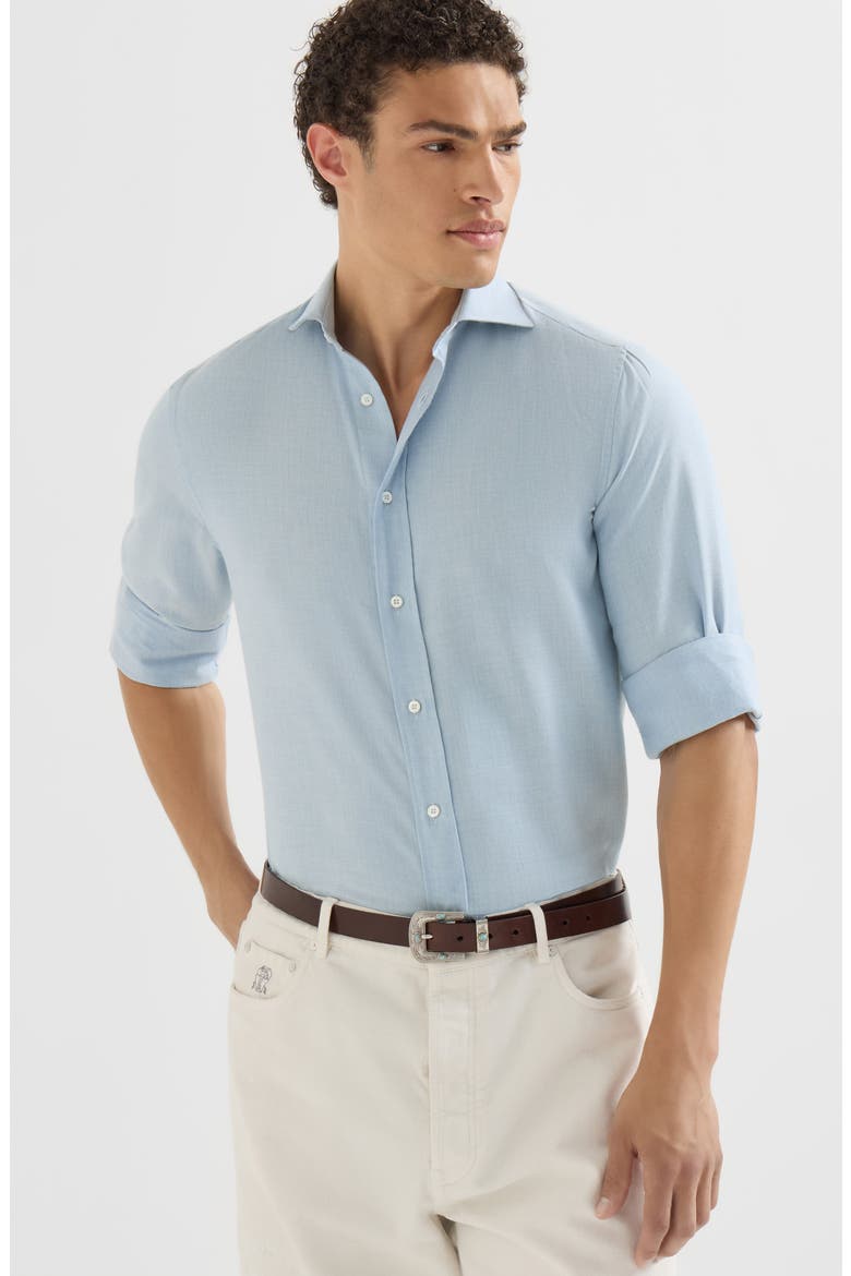Cotton and cashmere denim-effect diagonal shirt with spread collar, Alternate, color, Sky Blue