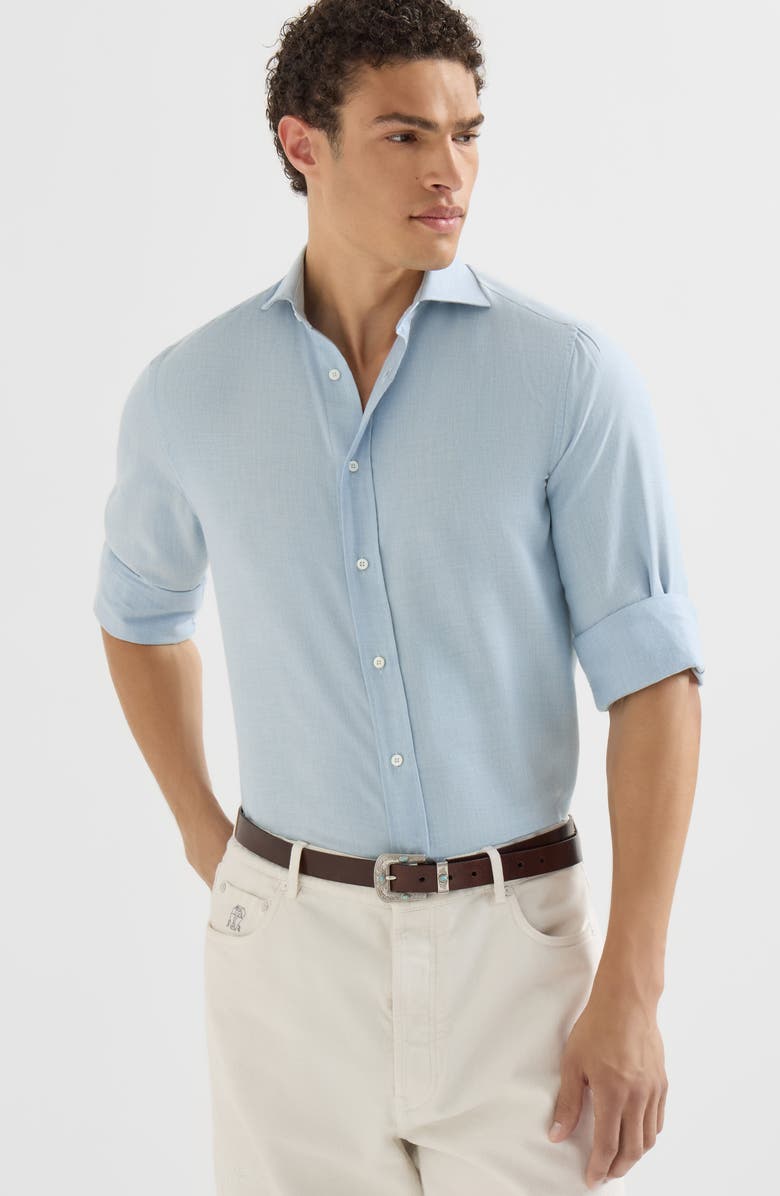 Brunello Cucinelli Cotton and cashmere denim-effect diagonal shirt with spread collar, Alternate, color, Sky Blue