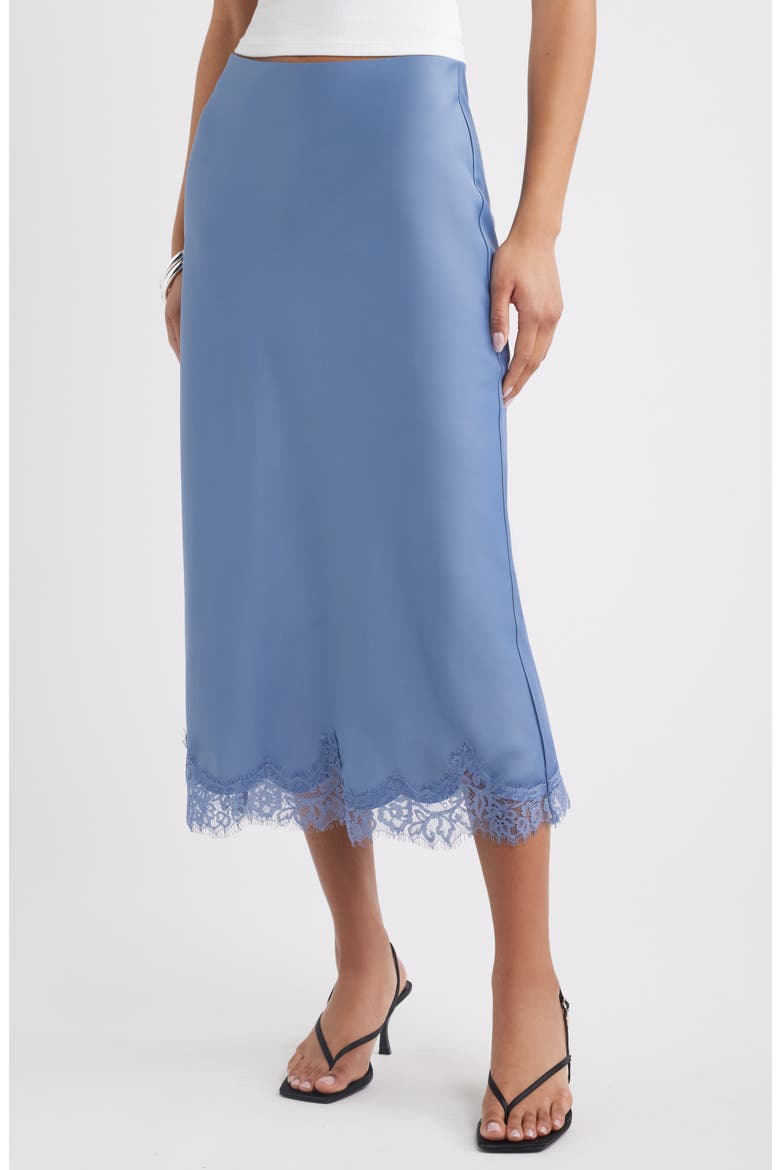Lace Trim Satin Midi Skirt, Main, color, BLUE UMBRA