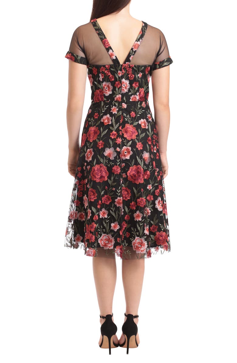Maggy London Illusion Yoke Floral Embroidered Midi Cocktail Dress, Alternate, color,