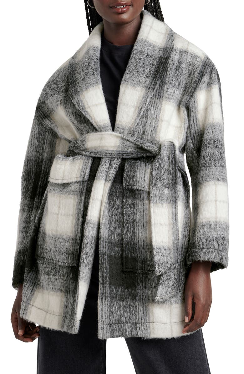 Splendid Vanessa Plaid Tie Belt Wrap Jacket, Main, color, Black/ White Multi