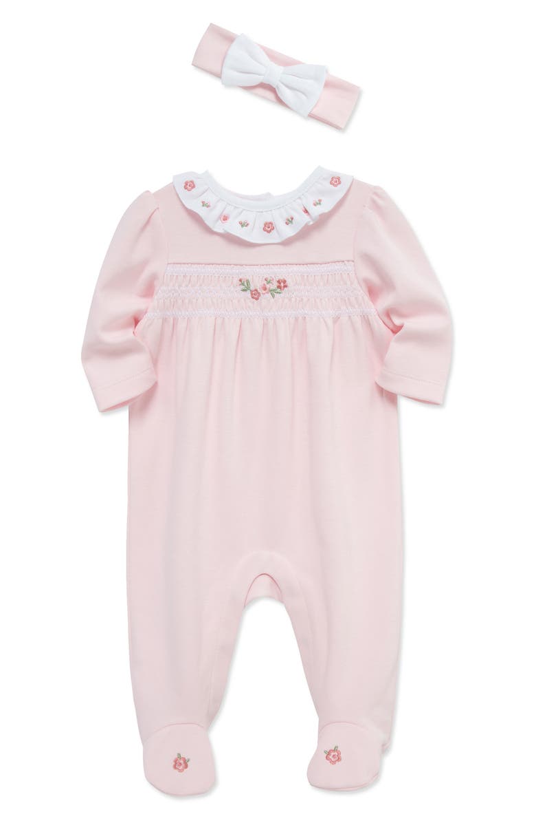 Little Me Rose Ruffle Cotton Footie & Headband Set, Alternate, color, Pink