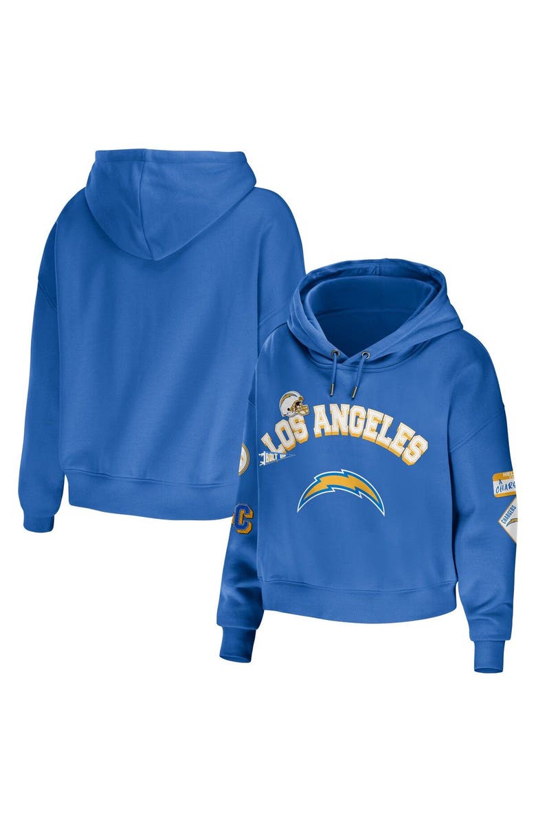 WEAR by Erin Andrews Women's WEAR by Erin Andrews Powder Blue Los Angeles Chargers Modest Cropped Pullover Hoodie, Main, color, Light Blue