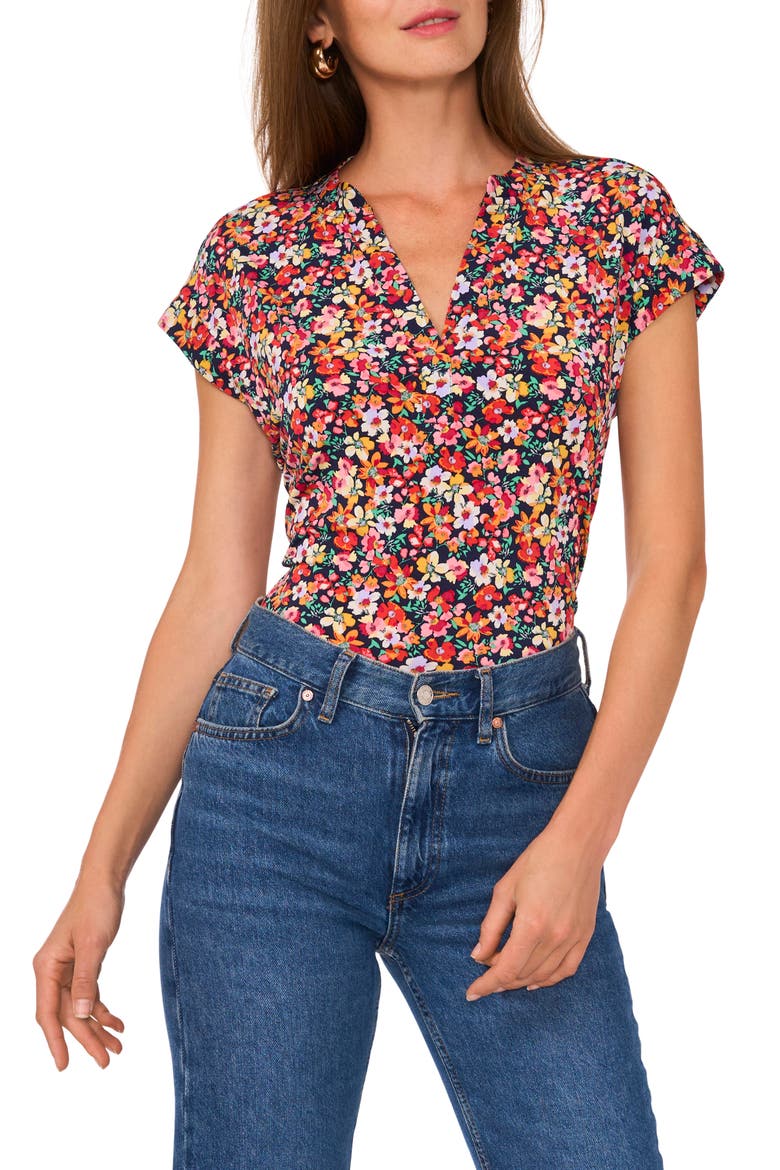 Floral Short Sleeve Button-Up Shirt, Main, color, NAVY/ CORAL FLORAL