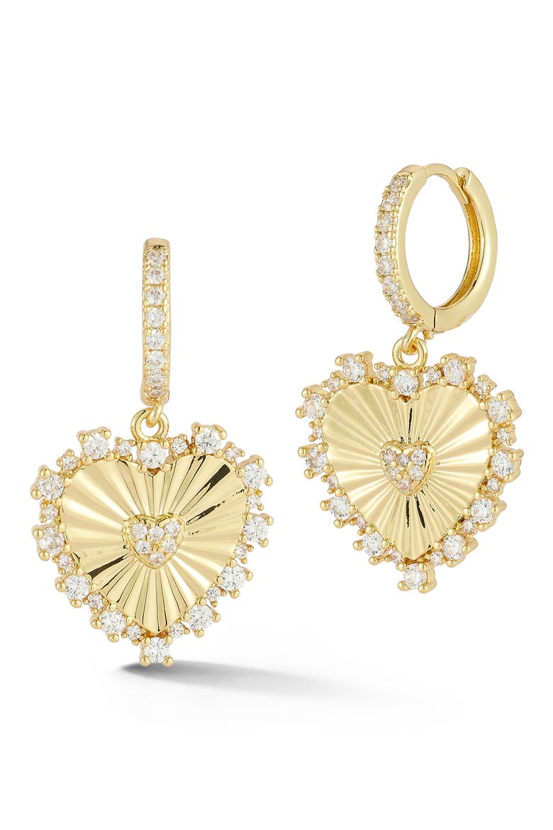 Cubic Zirconia Heart Charm Drop Earrings, Main, color, GOLD