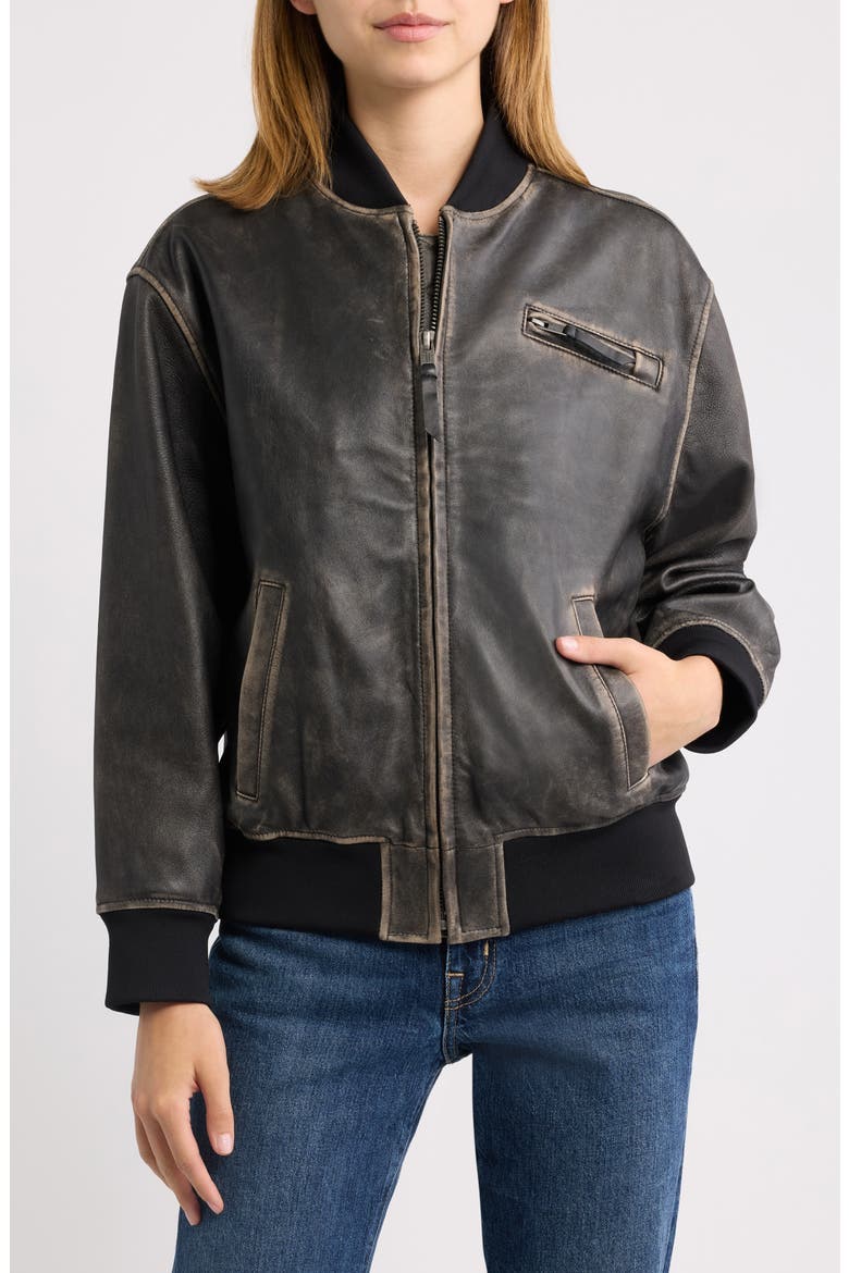 Goat Crack Leather Bomber Jacket, Alternate, color, BLACK