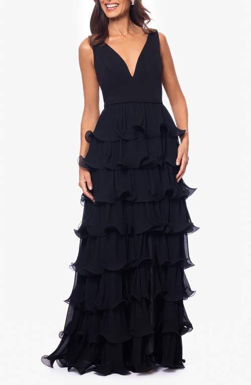BETSY & ADAM BETSY & ADAM TIERED WIRE RUFFLE GOWN