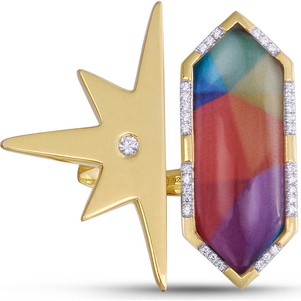Luvmyjewelry Bangpop Half Star Design Diamond Yellow Gold Plated Silver Mosaic Open Ring In 14kt Gold Vermeil On Sterling