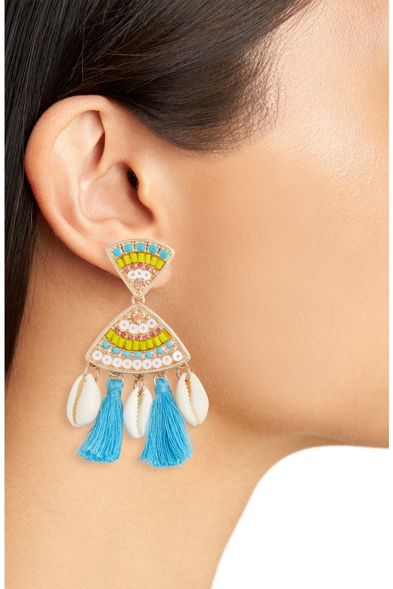 Tassel Shell Statement Drop Earrings, Alternate, color, BLUE MULTI