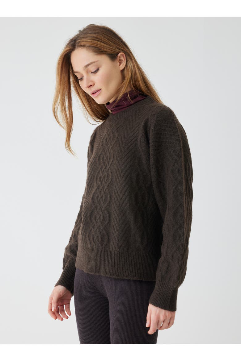Yak Wool Cable Long Sleeve Crewneck, Alternate, color, CHOCOLAT