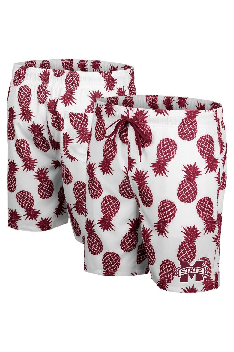 Men's Colosseum White/Maroon Mississippi State Bulldogs Pineapple Swim Shorts, Main, color, White