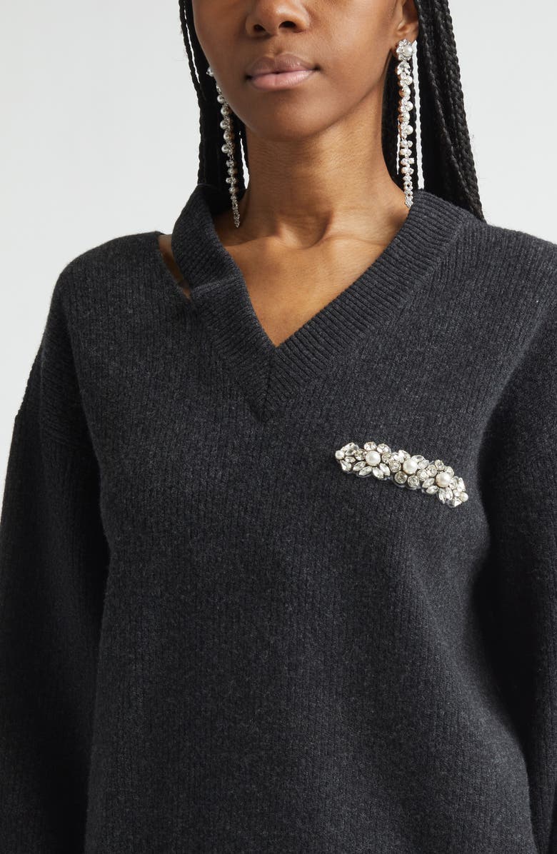 Simone Rocha Seam Bite Embellished Virgin Wool Blend Sweater, Alternate, color, Charcoal/ Pearl/ Clear