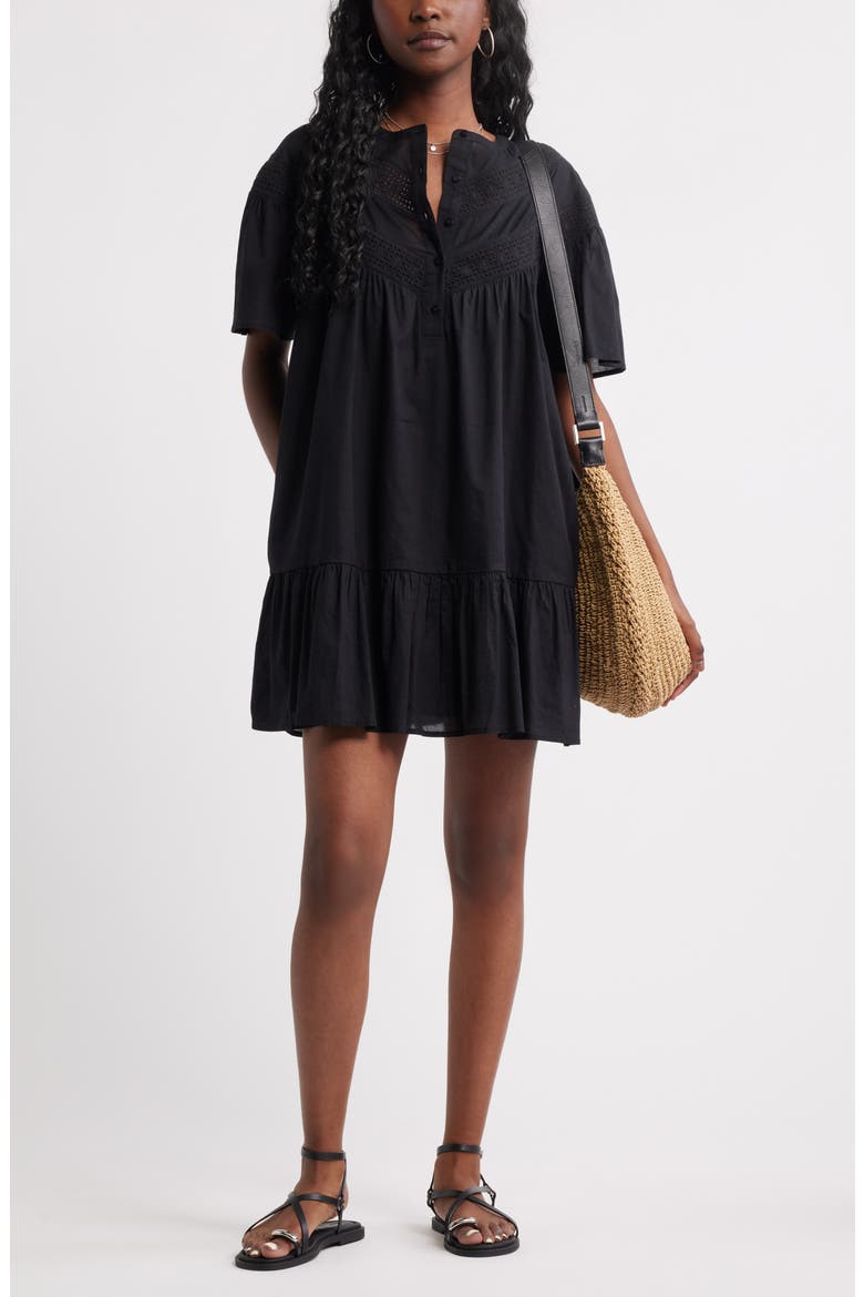 Lace Yoke Cotton Shift Dress, Alternate, color, BLACK