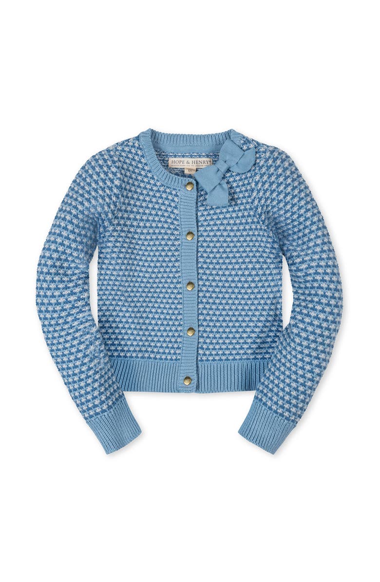 Hope & Henry Kids' Organic Tweed Stitch Bow Cardigan, Main, color, Bluebell Tweed