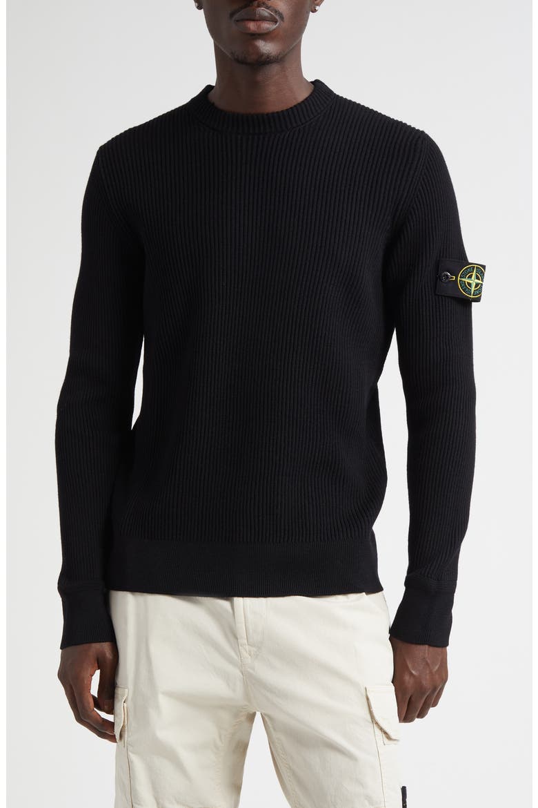 Compass Patch Rib Virgin Wool Crewneck Sweater, Main, color, V0029 BLACK