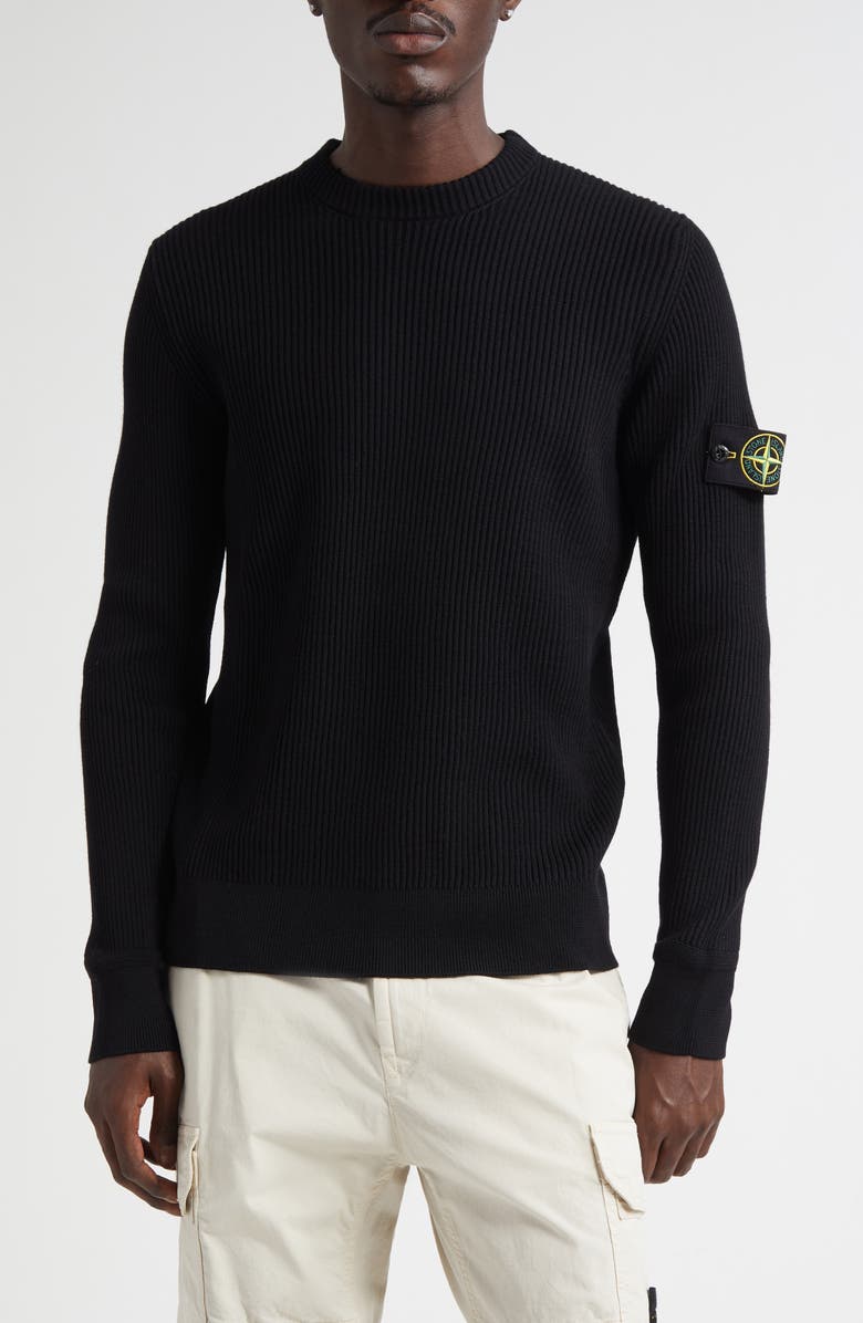 Stone Island Compass Patch Rib Virgin Wool Crewneck Sweater, Main, color, V0029 Black