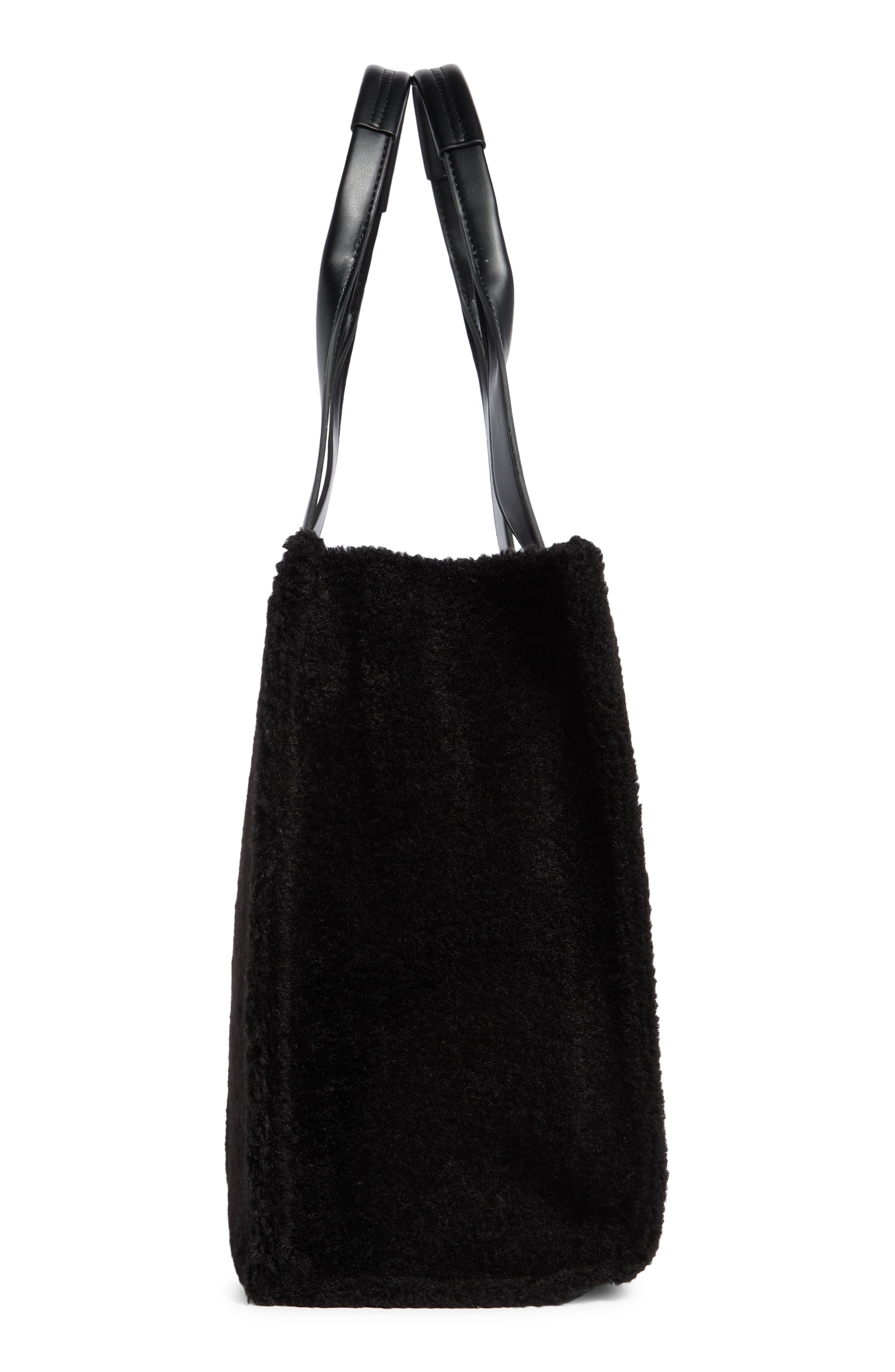BCBG Whipstitch Faux Shearling Tote Bag with Pouch, Alternate, color, Black