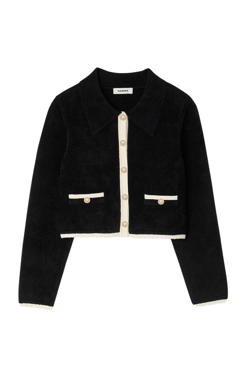 SANDRO Two-tone shirt collar cardigan, Alternate, color, Black