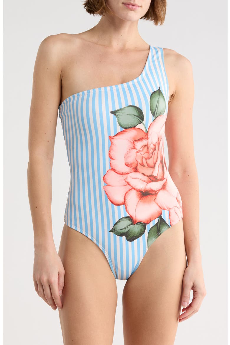 Placement Print One-Shoulder One-Piece Swimsuit, Main, color, CORAL STRIPED SPACIOUS ROSE