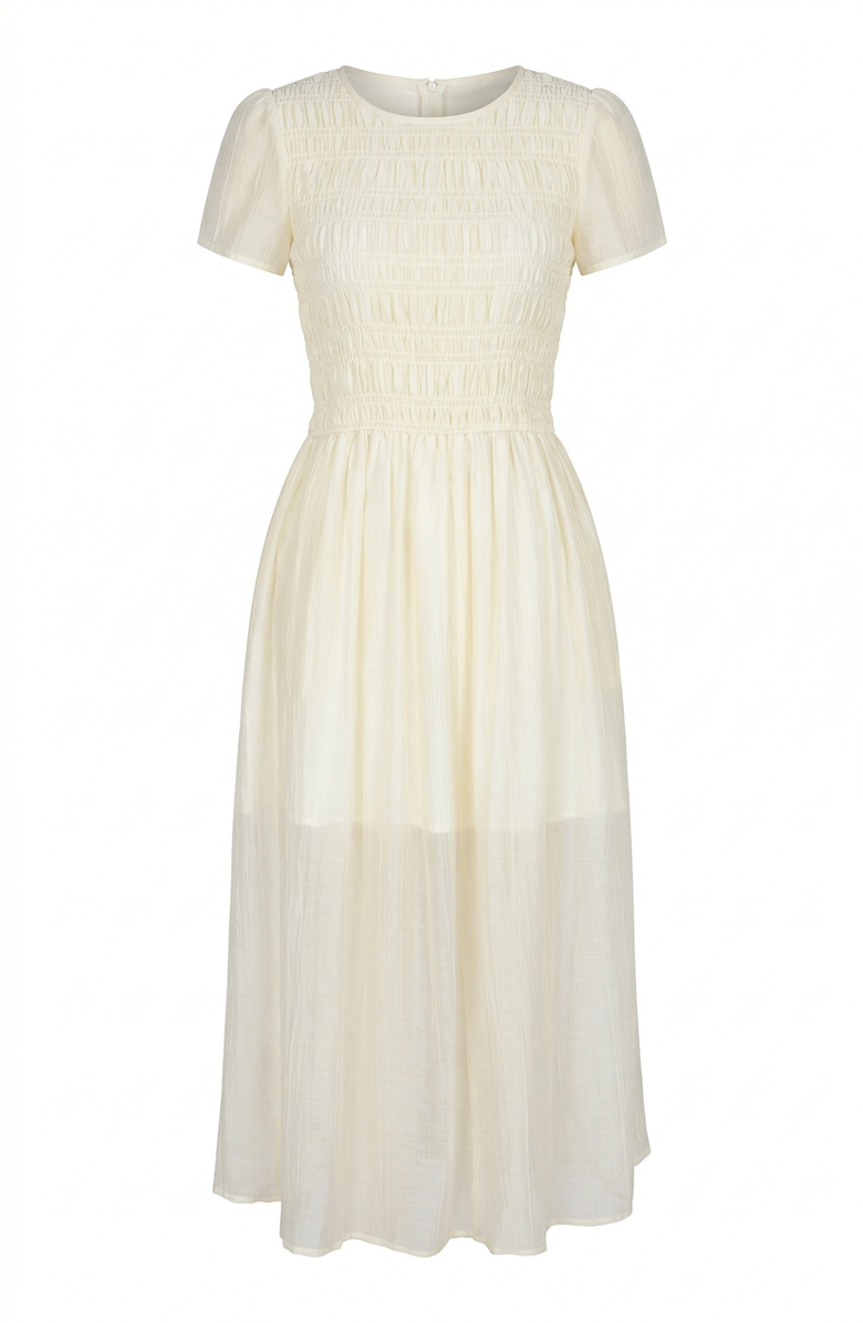 Modenaire Sheer Overlay Midi Dress with Smocked Bodice, Alternate, color, Cream